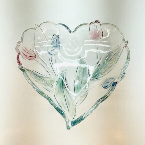 Mikasa Tivoli Crystal Serving Tray Heart Shaped W Blue Red Tulips Germany 9.5" - Picture 2 of 11